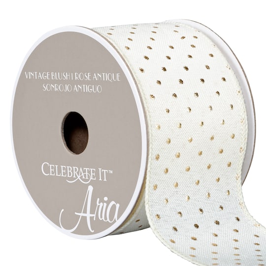 12 Pack: 1.5&#x22; Cream Linen Wired Dotted Ribbon by Celebrate It&#x2122; Aria Vintage Blush